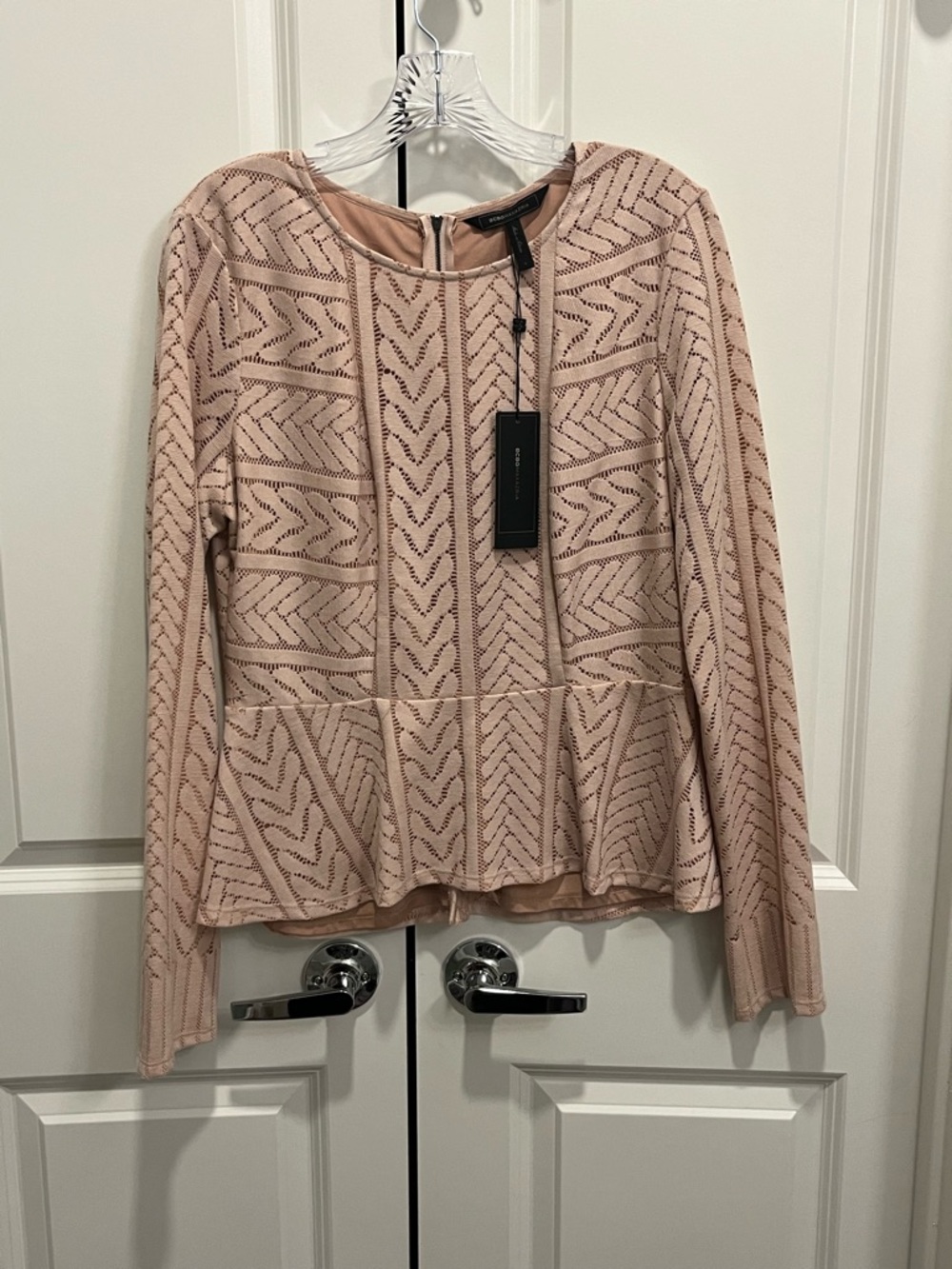 NWT BCBG MaxAzria Pietreo Cable Stripe Lace Peplum Top Size Large Blush Pink